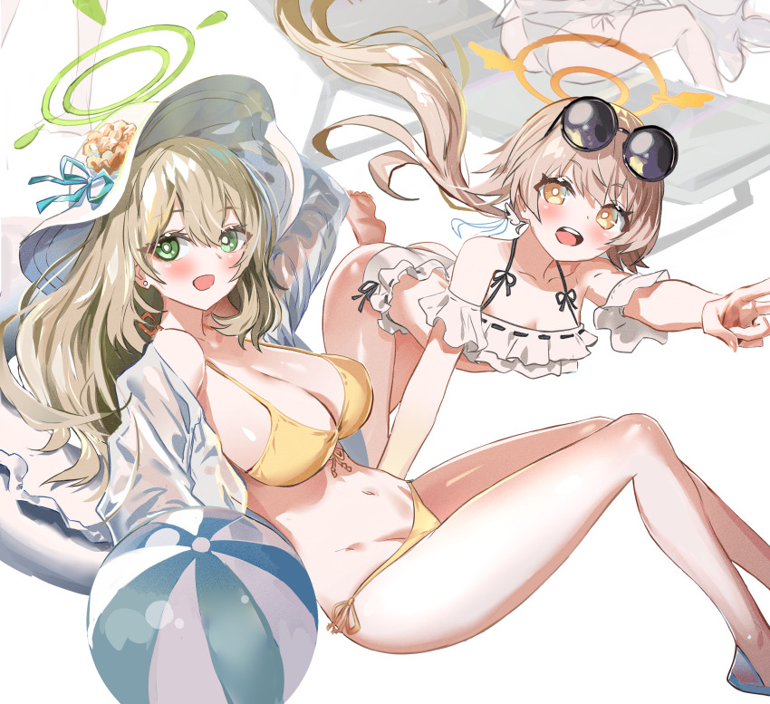 2girls absurdres ass ball bare_shoulders beachball bikini blonde_hair blue_archive blush breasts bright_pupils cleavage collarbone commentary_request eyewear_on_head frilled_bikini frills green_eyes green_halo halo hat hifumi_(blue_archive) hifumi_(swimsuit)_(blue_archive) highres large_breasts long_sleeves looking_at_viewer low_twintails multiple_girls nonomi_(blue_archive) nonomi_(swimsuit)_(blue_archive) off-shoulder_bikini off_shoulder official_alternate_costume open_clothes open_mouth open_shirt ryoma_(rym_369) shirt side-tie_bikini_bottom simple_background sun_hat sunglasses swimsuit thighs twintails white_background white_bikini white_headwear white_pupils white_shirt winged_halo yellow_bikini yellow_eyes