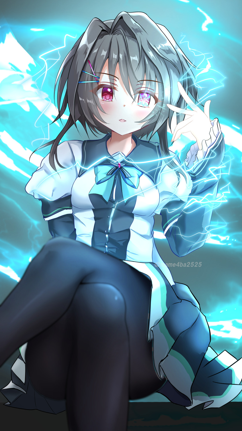 1girl 9-nine- absurdres arm_at_side aura black_hair black_pantyhose black_shirt black_sleeves blurry blush breasts chuunibyou collared_shirt commentary crossed_legs depth_of_field energy eyes_visible_through_hair feet_out_of_frame floating_hair frilled_sleeves frills glowing glowing_eye hair_between_eyes hair_intakes hair_ornament hairclip hand_up highres juliet_sleeves light_smile lips long_sleeves looking_at_viewer mame4ba2525 miniskirt pantyhose parted_lips pleated_skirt puffy_sleeves red_eyes school_uniform shirt short_hair_with_long_locks sidelocks sitting skirt small_breasts solo symbol-shaped_pupils twitter_username two-tone_shirt v white_shirt wide_sleeves yuuki_noa