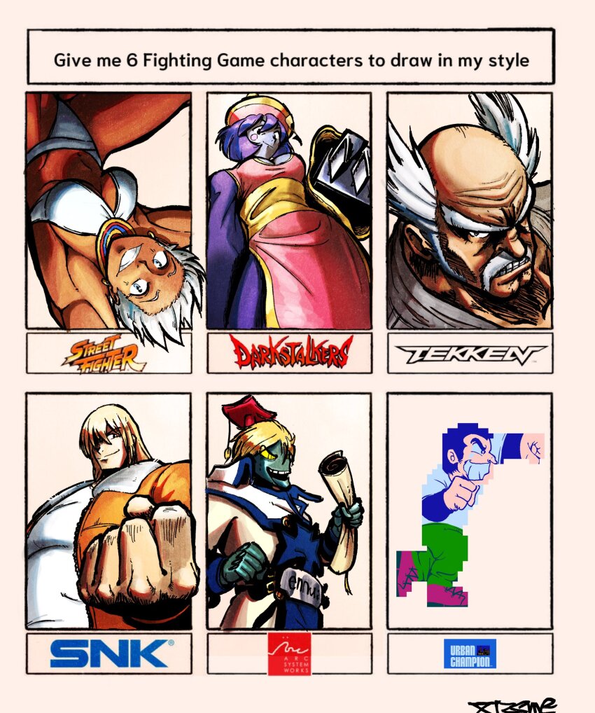 2girls 4boys angry bikini breasts claws cleavage_cutout clothing_cutout crossover dark-skinned_female dark_skin diploma elena_(street_fighter) fatal_fury garou:_mark_of_the_wolves guilty_gear hat highres large_breasts hsien-ko long_sleeves mishima_heihachi multiple_boys multiple_girls muscular muscular_male old old_man pixel_art robo-ky short_hair street_fighter swimsuit terry_bogard upside-down urban_champion urban_champion_fighter darkstalkers wide_sleeves xtremexavier