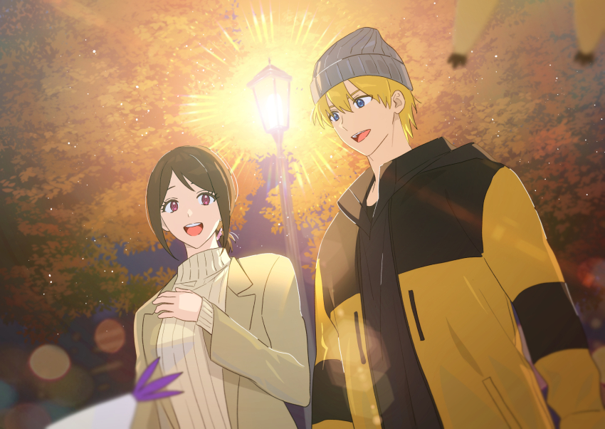 1boy 1girl :d black_coat blonde_hair blue_eyes blurry blurry_foreground brown_coat brown_hair coat digimon digimon_(creature) digimon_adventure_02:_the_beginning grey_headwear hair_between_eyes highres lamppost lens_flare medium_hair multicolored_coat ojing_oppa_(o_b_s_00) open_mouth outdoors patamon ponytail ribbed_sweater short_ponytail skullcap smile sweater tailmon takaishi_takeru two-tone_coat white_sweater yagami_hikari yellow_coat