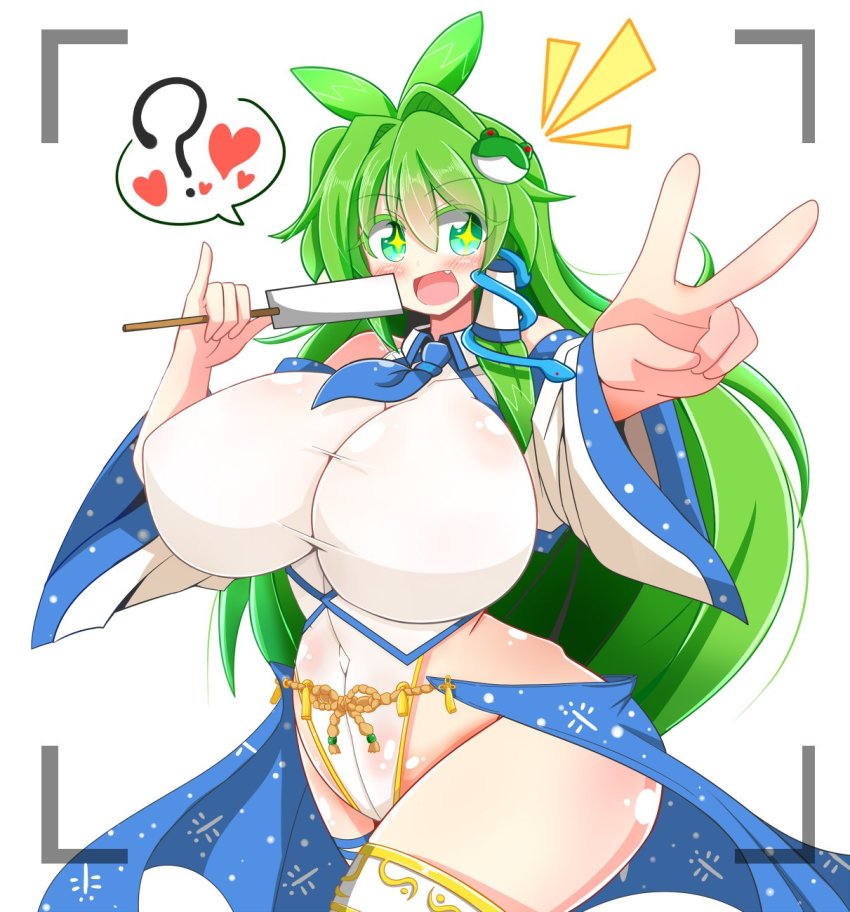 1girl ? blush breasts female_focus food gohei green_hair heart highres huge_breasts ice_cream impossible_clothes impossible_shirt japanese_clothes kochiya_sanae long_hair miko nontraditional_miko oonusa open_mouth popsicle rindou_(p41neko) shirt solo touhou v