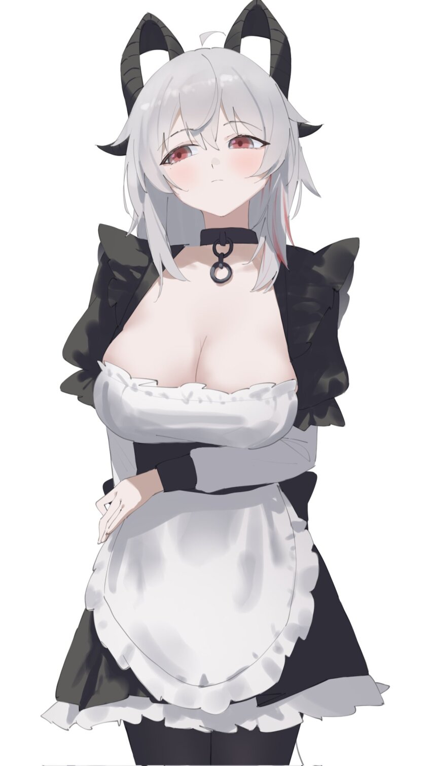 1girl ahoge alternate_costume arm_under_breasts averting_eyes black_choker black_dress black_horns black_pantyhose blush breasts choker cleavage closed_mouth corrupted_twitter_file cowboy_shot cryne curled_horns dress enmaided grey_hair highres horns large_breasts maid medium_hair multicolored_hair pantyhose red_eyes simple_background solo streaked_hair white_background wuthering_waves zani_(wuthering_waves)