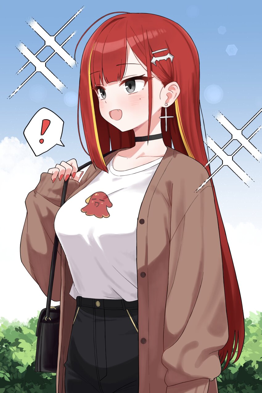 ! 1girl absurdres ahoge akane_lize bag black_pants blonde_hair blunt_bangs blush brown_sweater choker cloud collarbone cross cross_earrings earrings fang grey_eyes hair_ornament hairclip handbag highres jewelry korean_commentary mole mole_under_eye multicolored_hair nail_polish open_mouth pants red_hair saho_4545 shirt sky solo spoken_exclamation_mark stellive streaked_hair sweater tented_shirt white_shirt