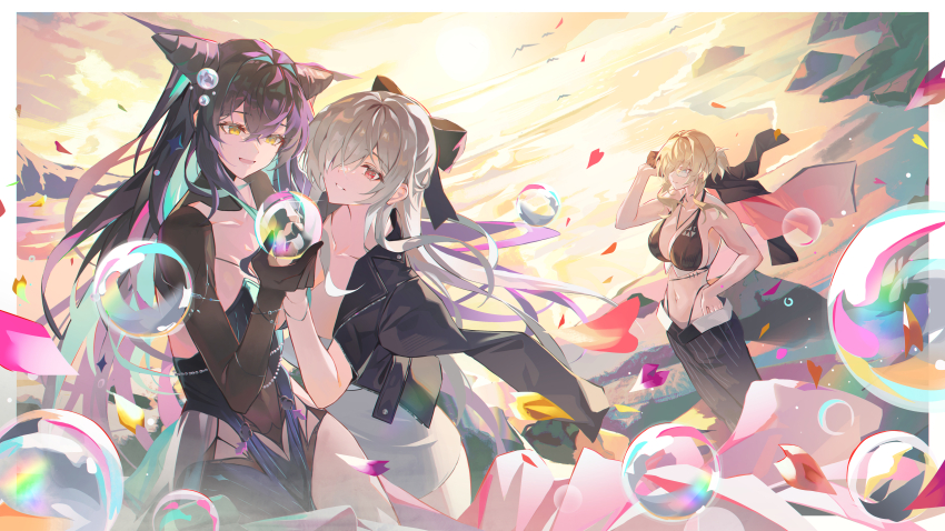 3girls absurdres bikini black_bikini black_dress black_hair black_jacket black_pants blonde_hair breasts bubble cinderella_(beautiful_me)_(nikke) cinderella_(nikke) commentary_request dress goddess_of_victory:_nikke grave_(beautiful_you)_(nikke) grave_(nikke) green_hair grey_dress highres hyonee jacket large_breasts little_mermaid_(abyss_flower)_(nikke) little_mermaid_(nikke) long_hair multicolored_hair multiple_girls navel official_alternate_costume pants red_eyes stomach swimsuit twintails two-tone_hair very_long_hair white_hair yellow_eyes