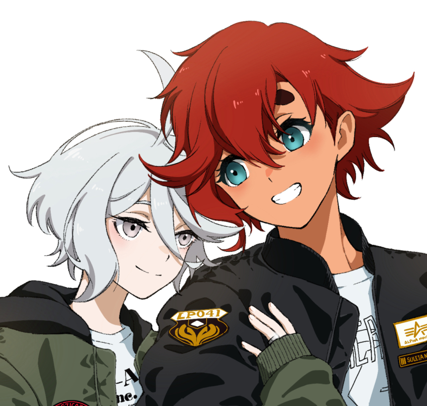 2girls black_jacket blue_eyes commentary dark-skinned_female dark_skin english_commentary green_jacket grey_eyes grin gundam gundam_suisei_no_majo highres himmel_(keine_haare) holding_own_arm jacket jewelry miorine_rembran multiple_girls red_hair ring shirt short_hair simple_background smile suletta_mercury thick_eyebrows wedding_ring white_background white_hair white_shirt wife_and_wife yuri