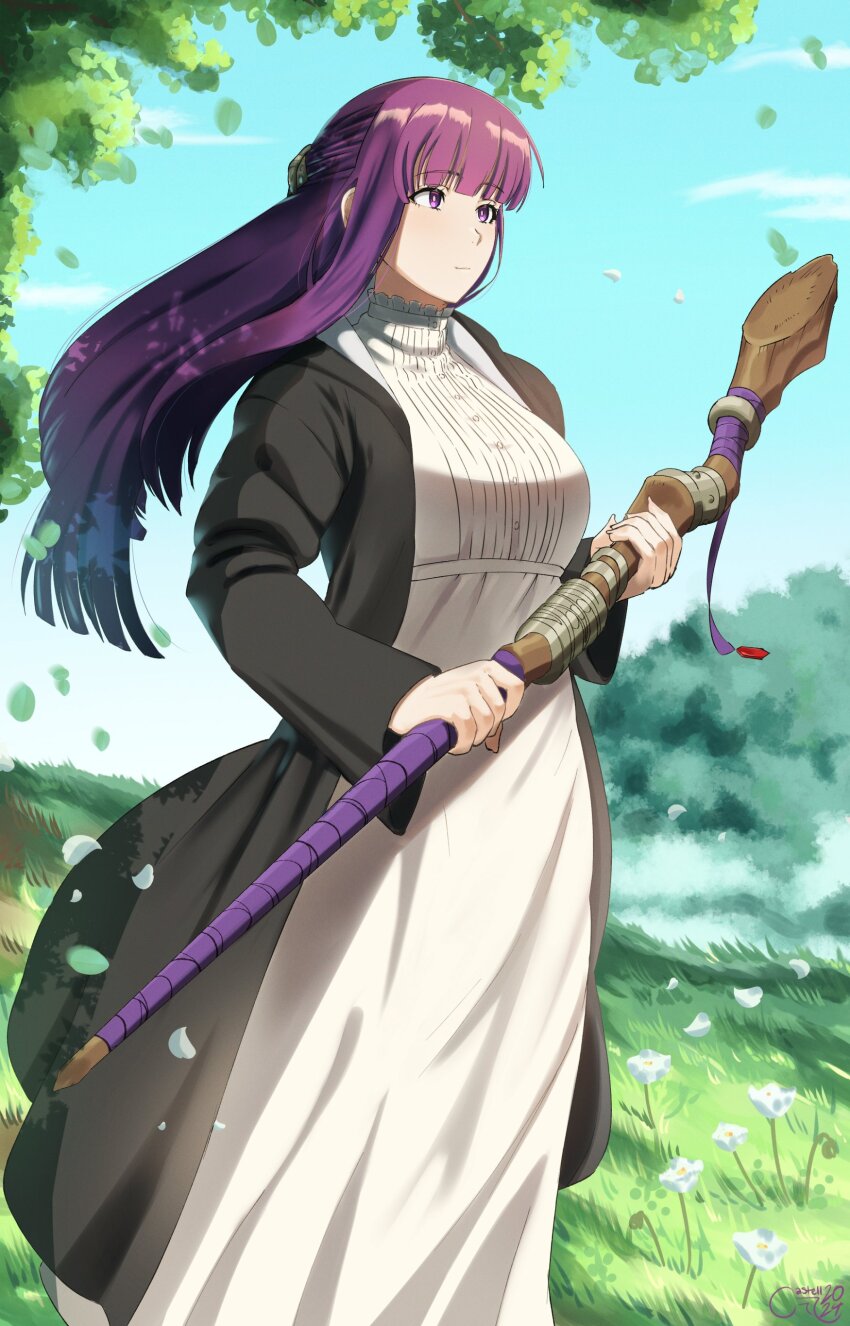 1girl absurdres black_robe blunt_bangs breasts butterfly_hair_ornament castell closed_mouth collar commentary dress falling_leaves fern_(sousou_no_frieren) frilled_collar frills hair_ornament highres holding holding_staff large_breasts leaf long_dress long_hair long_sleeves looking_ahead outdoors purple_eyes purple_hair robe sky solo sousou_no_frieren staff straight_hair white_dress wind