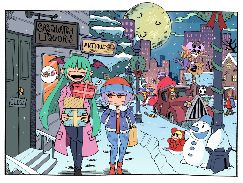 1boy 5girls 6+girls angry animal_print arthropod_girl ascot b.b._hood bag ball bat_print bat_wings beanie black_sclera blue_coat blue_skin boots border box bracelet brown_hair building capcom car christmas christmas_wreath chun-li city cityscape coat collarbone colored_sclera colored_skin darkstalkers demitri_maximoff demon_girl dripping driving english_text fangs fast_food flying full_moon gift gift_box gloves grease_(food) green_hair hat head_wings highres holding hsien-ko jacket jewelry kevin_arthur lilith_(darkstalkers) long_hair mei-ling_(darkstalkers) moon morrigan_aensland motor_vehicle multiple_girls night open_mouth outdoors pants pantyhose pine_tree pink_hair pole print_pantyhose purple_hair q-bee red_eyes red_footwear sack short_hair sky smile snow snowing snowman soccer_ball speech_bubble spiked_bracelet spikes standing street_fighter toy tree turtleneck vampire walking white_border wings winter winter_clothes winter_coat wreath