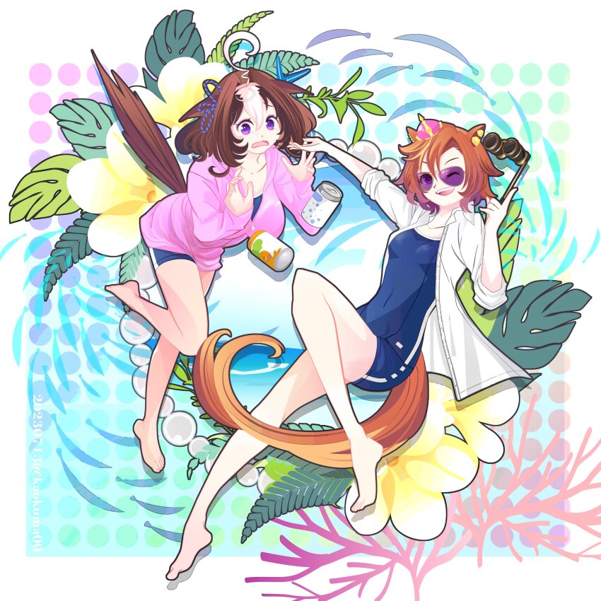 2girls absurdres ahoge animal_ears barefoot breasts brown_hair can crown hairband highres horse_ears horse_girl horse_tail jacket kaokuma large_breasts legs long_sleeves looking_at_viewer medium_hair meisho_doto_(umamusume) mini_crown multicolored_hair multiple_girls one-piece_swimsuit one_eye_closed open_clothes open_mouth open_shirt opera_glasses orange_hair outstretched_arm pink_jacket plant purple_eyes school_swimsuit school_uniform shirt short_hair sleeves_rolled_up small_breasts smile stiff_tail sunglasses swimsuit t.m._opera_o_(umamusume) tail toenails toes tracen_school_uniform two-tone_hair umamusume umamusume:_road_to_the_top white_shirt