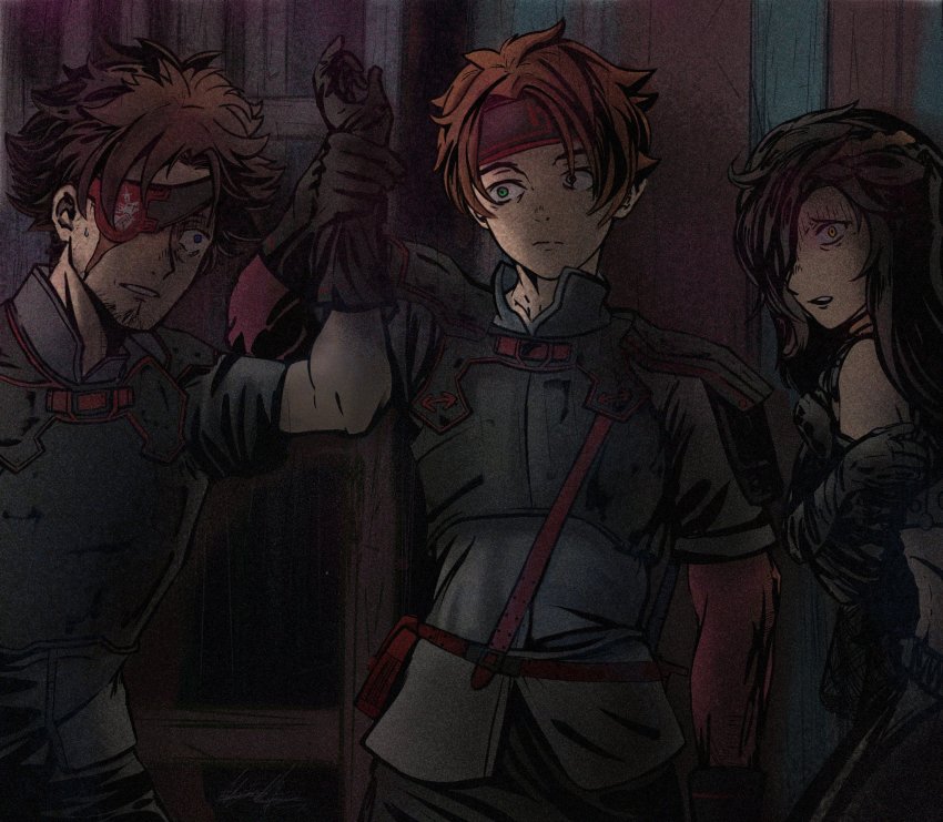 3boys alternate_breast_size alternate_costume alternate_hairstyle bandana black_dress black_hair brown_hair cortashy crossdraw_holster dress eyepatch green_eyes highres holding_another&#039;s_arm military military_uniform multiple_boys natsuki_subaru natsumi_schwarz orange_hair re:zero_kara_hajimeru_isekai_seikatsu sanpaku short_hair todd(re:zero) trap yellow_eyes