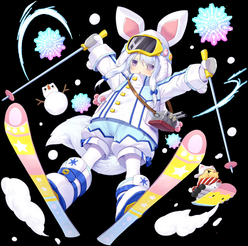 1girl animal_ears arms_up artist_request azur_lane bird blue_coat blue_hair blue_shorts boots chick closed_eyes coat female_focus full_body goggles goggles_on_head highres hood long_hair manjuu_(azur_lane) mittens official_alternate_costume official_art pantyhose purple_eyes shorts ski_boots ski_gear ski_goggles ski_pole skiing skis snowflakes solo tail torpedo transparent_background uranami_(azur_lane) uranami_(snow_vanguard)_(azur_lane) white_boots white_coat white_hood white_mittens white_pantyhose winter_clothes wolf_ears wolf_tail