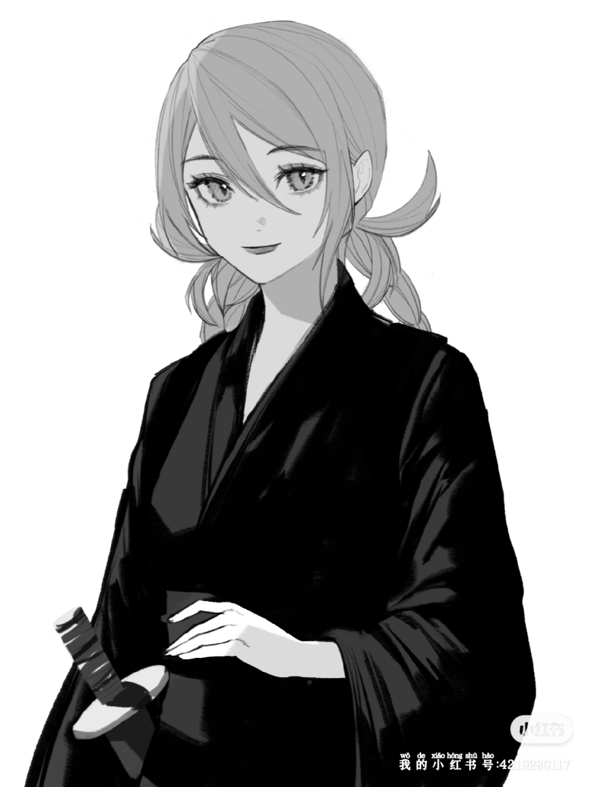 1girl ai_the_somnium_files braid closed_mouth greyscale hair_between_eyes highres japanese_clothes kimono looking_at_viewer low_twin_braids monochrome natsunoren okiura_mizuki sash simple_background smile solo twin_braids watermark wide_sleeves xiaohongshu_watermark