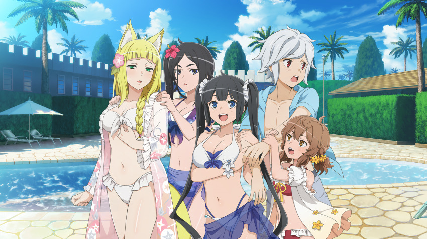 1boy 4girls :d animal_ear_fluff animal_ears anime_coloring arched_bangs arm_hug bare_shoulders bell_cranel bikini black_hair blonde_hair blue_eyes blue_sarong blue_shirt blunt_bangs braid braided_ponytail breasts brown_eyes brown_hair chair cleavage danmachi_battle_chronicle day dungeon_ni_deai_wo_motomeru_no_wa_machigatteiru_darou_ka floral_print floral_print_bikini flower fox_ears fox_girl fox_tail frilled_bikini frilled_jacket frills front-tie_bikini_top front-tie_top game_cg grabbing_another&#039;s_arm green_eyes grey_male_swimwear hair_flower hair_ornament hair_over_shoulder hands_on_another&#039;s_shoulders hestia_(danmachi) hibiscus highres jacket large_breasts layered_bikini liliruca_arde long_hair looking_at_another lounge_chair low_twintails male_swimwear medium_breasts multi-strapped_bikini_bottom multiple_girls navel no_pupils non-web_source official_alternate_costume official_art open_clothes open_jacket open_mouth open_shirt outdoors palm_tree parasol parted_bangs parted_lips pink_flower pool print_bikini purple_bikini purple_eyes red_bikini red_eyes sanjouno_haruhime sarong see-through_clothes see-through_jacket see-through_sarong shirt short_hair short_sleeves short_twintails side_ponytail sidelocks smile standing stomach swim_trunks swimsuit tail tree twintails umbrella water white_bikini white_flower white_hair white_jacket yamato_mikoto yellow_flower