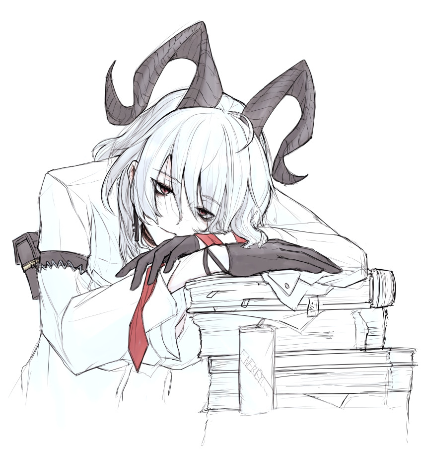 1girl absurdres arm_pouch bags_under_eyes black_gloves black_horns black_pouch breasts button_gap can closed_mouth commentary_request cropped_torso curled_horns drink_can earrings energy_drink exhausted gloves grey_hair highres horns jewelry key_earrings large_breasts long_hair necktie necktie_around_wrists paper_stack red_eyes red_necktie simple_background sketch solo sweetrain_(arca_13492949) white_background wuthering_waves zani_(wuthering_waves)