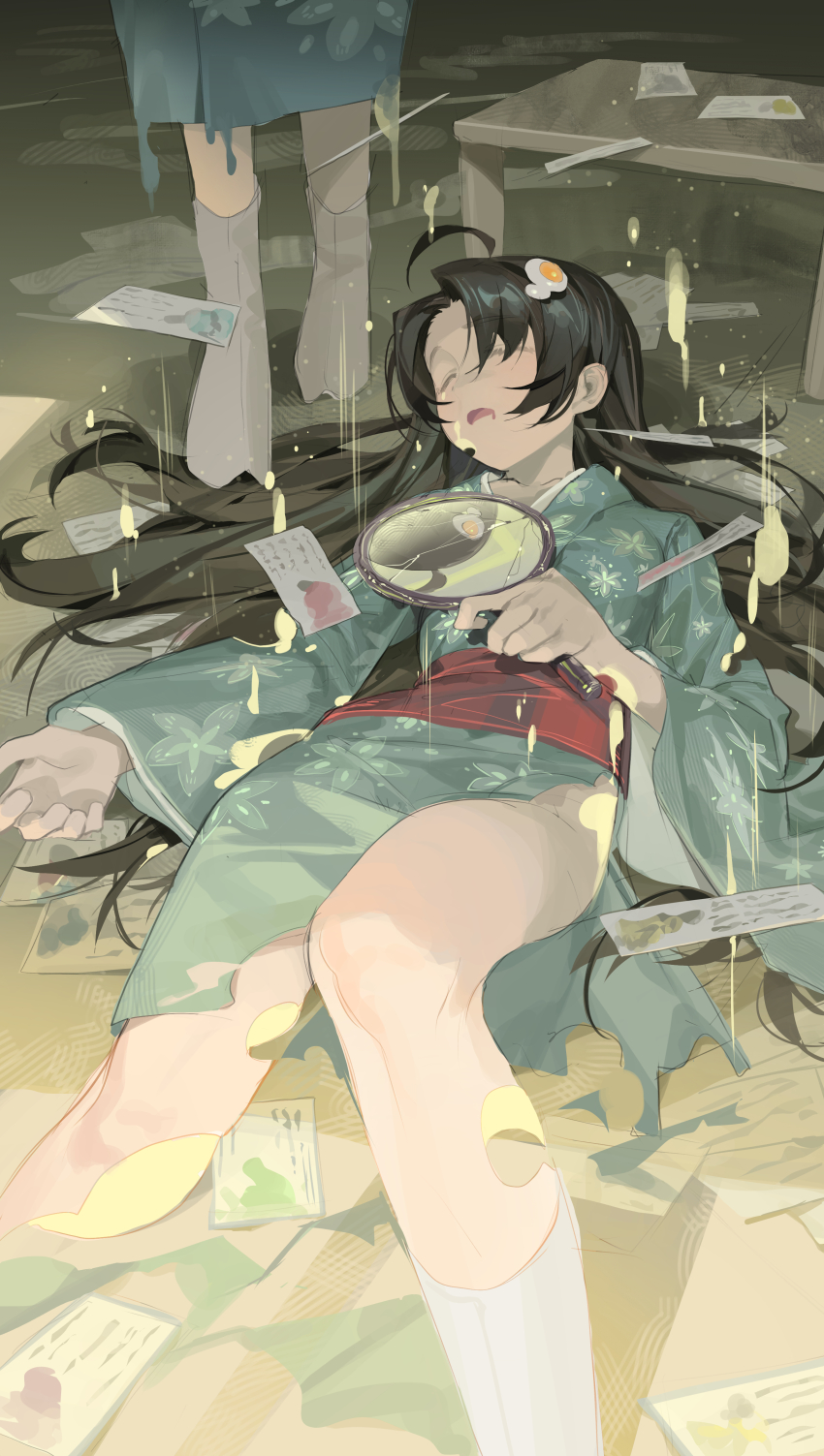 2girls absurdres ahoge araragi_tsukihi black_hair drooling dual_persona egg_(food) egg_hair_ornament egg_yolk food food-themed_hair_ornament food_on_body food_on_face green_kimono hair_ornament hair_spread_out hand_mirror highres holding holding_mirror indoors japanese_clothes kimono long_hair lying mirror monogatari_(series) mouth_drool multiple_girls obi omurice_(304975636) on_back open_mouth print_kimono raining_food red_sash reflection sash sleeping socks table torn_clothes torn_kimono very_long_hair wide_sleeves yukata