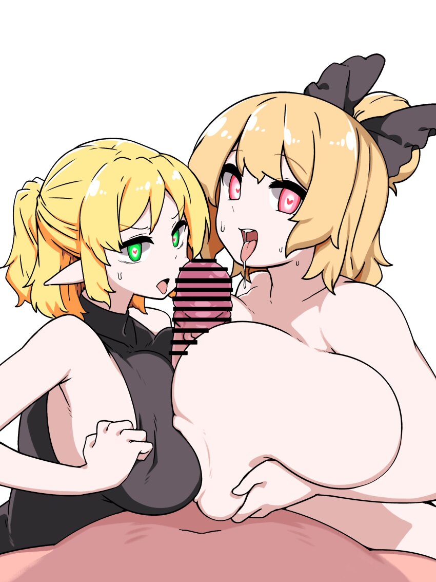 1boy 2girls absurdres alternate_costume bar_censor black_bow black_leotard blonde_hair bow braid breast_press breasts breasts_squeezed_together censored clothed_paizuri commentary_request commission cooperative_fellatio cooperative_paizuri fellatio green_eyes hair_bow half_up_braid heart heart-shaped_pupils hetero highres huge_breasts huge_penis kurodani_yamame large_breasts leotard licking licking_penis looking_at_viewer mizuhashi_parsee multiple_girls navel nude oral paizuri paizuri_over_clothes penis pink_eyes pointy_ears ponytail pov pov_crotch red_eyes rinyamame saliva short_ponytail simple_background size_difference skeb_commission sweat sweatdrop symbol-shaped_pupils symmetrical_docking teamwork_(sexual) tongue tongue_out touhou turtleneck unfinished white_background