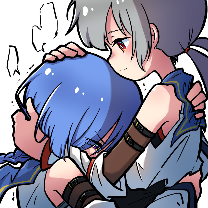 2girls arm_belt assault_lily bare_shoulders belt belt_buckle black_belt black_shirt blank_speech_bubble blue_hair blue_sailor_collar blush braid braided_ponytail bright_pupils buckle chin_rest closed_mouth commentary_request covered_mouth crop_top crying crying_with_eyes_open detached_sleeves eyes_visible_through_hair from_side fujita_asagao grey_hair hair_between_eyes half-closed_eyes hands_on_another&#039;s_head hands_up head_on_chest head_on_head head_rest highres hug igusa_subaru light_smile long_sleeves looking_at_another looking_down low_ponytail low_twintails multiple_girls mutual_hug odaiba_girls_high_school_uniform ponytail profile purple_eyes red_eyes sailor_collar school_uniform serafuku shirt simple_background single_braid sleeveless sleeveless_shirt speech_bubble tears teisuu trembling twintails undershirt upper_body v-shaped_eyebrows white_background white_pupils white_shirt