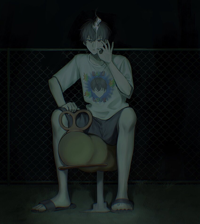 1boy :o antenna_hair black_hair black_sandals black_shorts chain-link_fence character_print cigarette clothes_writing crossed_bangs dark dark_background feet fence hair_between_eyes hand_up hashtag-only_commentary highres holding holding_cigarette looking_at_viewer male_focus night nijisanji npa_(hmp) official_alternate_costume open_mouth outdoors print_shirt purple_eyes saiki_ittetsu saiki_ittetsu_(2nd_costume) sandals self_character_print shirt short_hair short_sleeves shorts sitting slides smoke smoking solo spring_rider t-shirt toes virtual_youtuber white_shirt