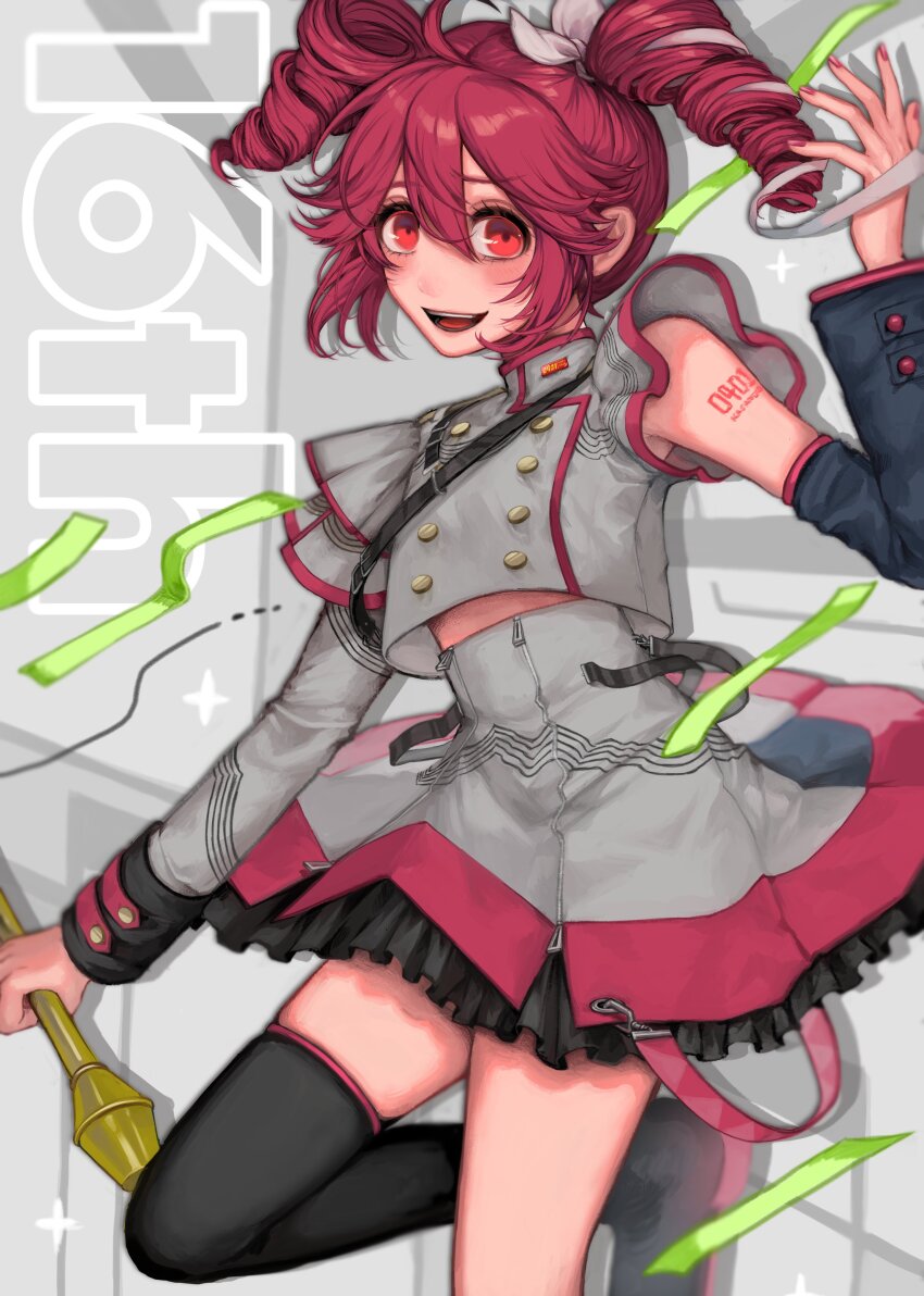 1girl absurdres ahoge arm_tattoo belt black_skirt black_sleeve_cuffs black_thighhighs blush boots bow buttons detached_sleeves double-breasted drill_hair grey_jacket hair_bow hair_ribbon haninon highres jacket kasane_teto kasane_teto_(sv) kneeling layered_skirt layered_sleeves long_sleeves midriff_peek number_tattoo open_mouth red_belt red_eyes red_hair red_skirt red_tattoo ribbon shoulder_belt shoulder_boards skirt sleeve_cuffs three-quarter_sleeves solo standing striped_clothes striped_jacket synthesizer_v tattoo teeth thigh_boots thighhighs twin_drills upper_teeth_only utau white_bow white_ribbon