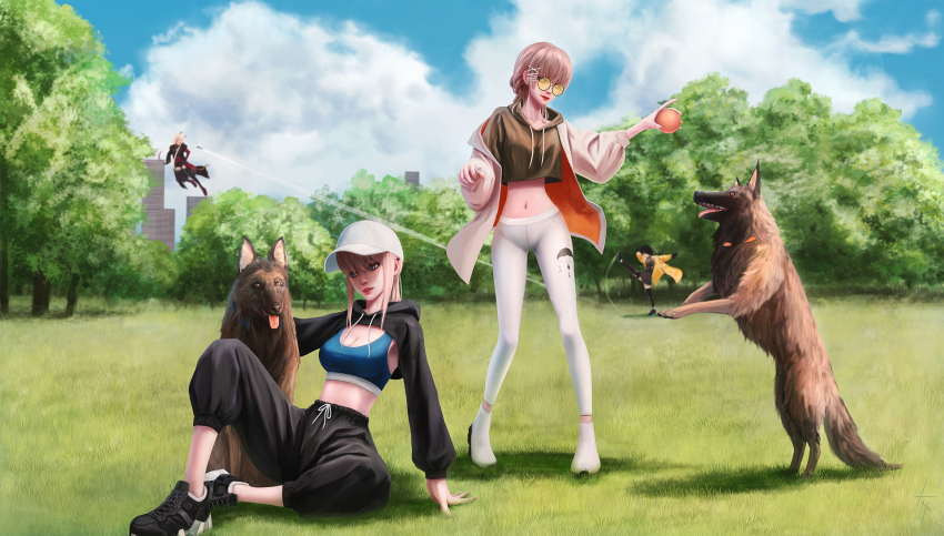 4girls alternate_costume ball baseball_cap black_jacket black_pants blonde_hair blue_eyes blue_sky blue_sports_bra breasts brown_hoodie casual cleavage cloud cloudy_sky commentary dindsau dog english_commentary full_body girls&#039;_frontline hair_ornament hairclip hand_on_ground hat highres holding holding_ball hood hoodie jacket leggings long_hair long_sleeves m4_sopmod_ii_(girls&#039;_frontline) medium_breasts multiple_girls navel on_ground open_clothes open_jacket pants park ro635_(girls&#039;_frontline) scar-h_(girls&#039;_frontline) scar-l_(girls&#039;_frontline) shoes sidelocks sitting sky sneakers sports_bra sportswear standing sunglasses tree white_jacket white_leggings yoga_pants