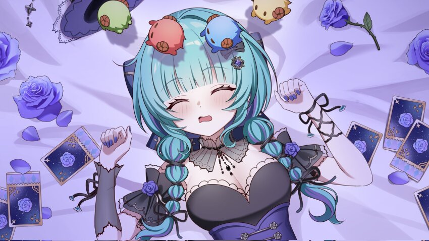1girl aqua_hair arm_cuffs black_bow black_choker black_dress black_hat black_ribbon bow braid breasts card choker cleavage closed_eyes commentary dress english_commentary flower glitch_stars hair_bow hair_ornament hair_ribbon hat highres low_twin_braids lying majokko_meimi medium_breasts multicolored_hair nail_polish noraneco117 official_alternate_costume on_back open_mouth purple_flower purple_hair purple_nails purple_petals purple_rose ribbon rose second-party_source sleeping solo twin_braids unworn_headwear virtual_youtuber