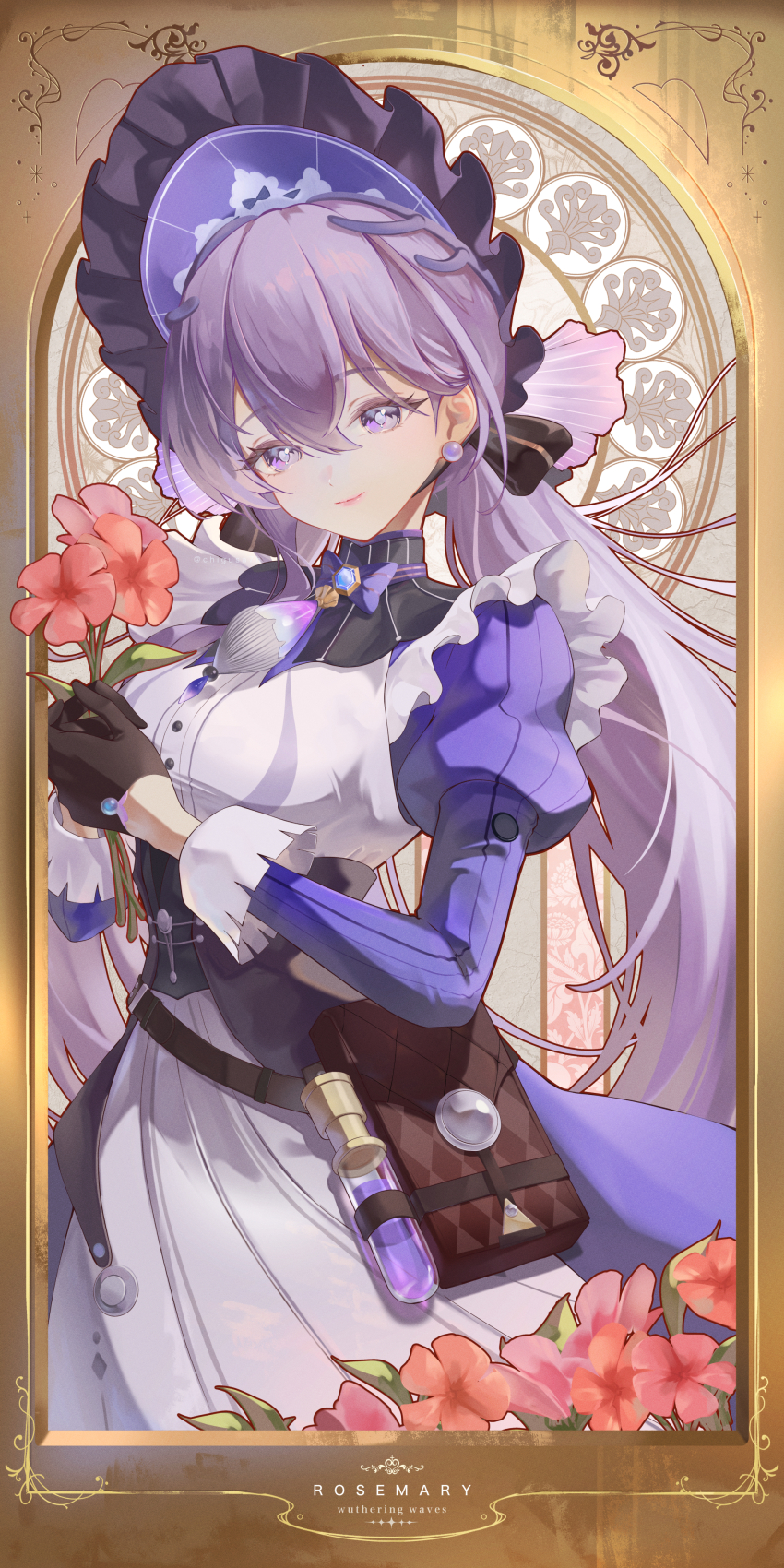 1girl absurdres apron black_gloves bonnet character_name chigusa7h closed_mouth commentary dress earrings gloves highres jewelry long_hair long_sleeves looking_at_viewer puffy_sleeves purple_bonnet purple_dress purple_eyes purple_hair rosemary_(wuthering_waves) smile solo very_long_hair white_apron wuthering_waves