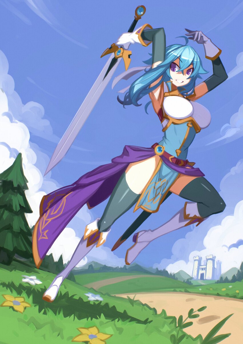1girl absurdres ahoge armor armpits attack belt blue_hair blue_tunic boots breastplate breasts castle cloud commission commissioner_upload elbow_gloves fire_emblem fire_emblem:_genealogy_of_the_holy_war flower gloves grass headband highres holding holding_sword holding_weapon if_they_mated julianvanist knee_up large_breasts looking_at_viewer nintendo original outdoors pelvic_curtain popped_collar purple_eyes sash selia sheath short_hair shoulder_armor sidelocks sky sleeveless smile solo sword thighhighs thighs tomboy tree tunic waist_sash weapon white_headband