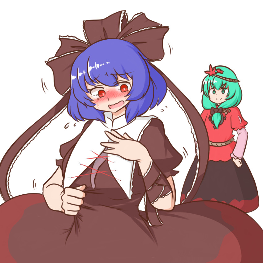 2girls arm_ribbon black_skirt blush bow brown_dress brown_ribbon closed_mouth cosplay dress frilled_ribbon frills green_bow green_eyes green_hair hair_bow hair_ornament hair_ribbon highres kagiyama_hina kagiyama_hina_(cosplay) layered_sleeves leaf_hair_ornament long_sleeves looking_at_viewer looking_down mizusoba multiple_girls open_mouth purple_hair red_eyes red_shirt ribbon rope shimenawa shirt short_hair short_over_long_sleeves short_sleeves simple_background skirt smile standing touhou v-shaped_eyebrows white_background yasaka_kanako yasaka_kanako_(cosplay)