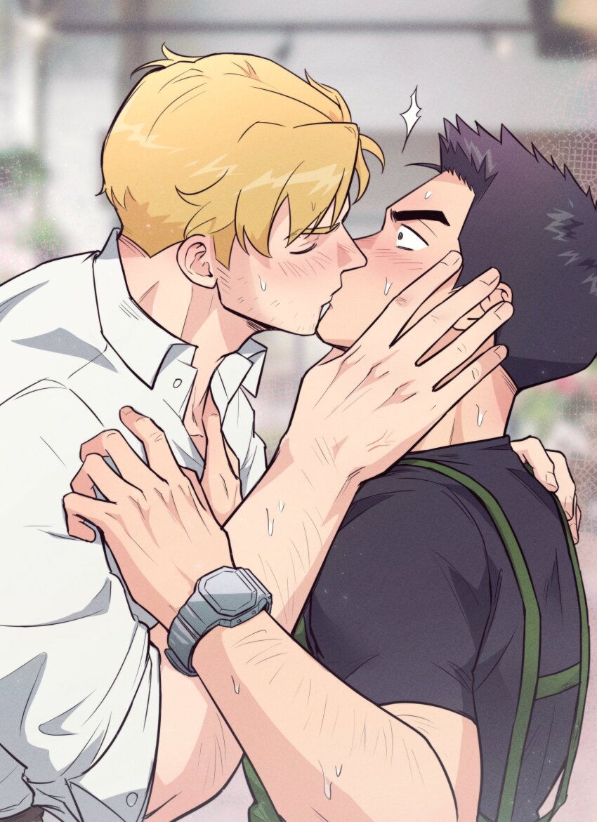 2boys absurdres ao_isami black_hair black_shirt blonde_hair blurry blurry_background blush closed_eyes collared_shirt commentary_request fingernails hand_on_another&#039;s_face hand_on_another&#039;s_shoulder highres kiss korean_commentary lewis_smith male_focus multiple_boys nervous_sweating open_clothes open_shirt shirt sideburns sleeves_rolled_up surprised sweat t-shirt upper_body wasted_m9 white_shirt wide-eyed wing_collar yaoi yuuki_bakuhatsu_bang_bravern