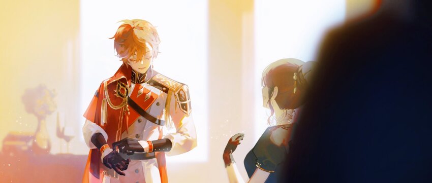 1boy 1girl alternate_costume black_gloves brown_hair buttons character_request closed_eyes erdff720 genshin_impact gloves height_difference highres male_focus mixed-language_commentary open_mouth orange_hair short_hair shpo standing tartaglia_(genshin_concert)_(genshin_impact) tartaglia_(genshin_impact) white_sleeves