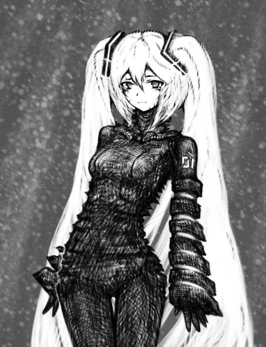 11e10 1girl absurdres black_bodysuit blame! bodysuit commentary cowboy_shot english_commentary grey_background greyscale hair_ornament hatsune_miku highres leaning_back long_hair looking_at_viewer monochrome parody solo standing twintails very_long_hair vocaloid