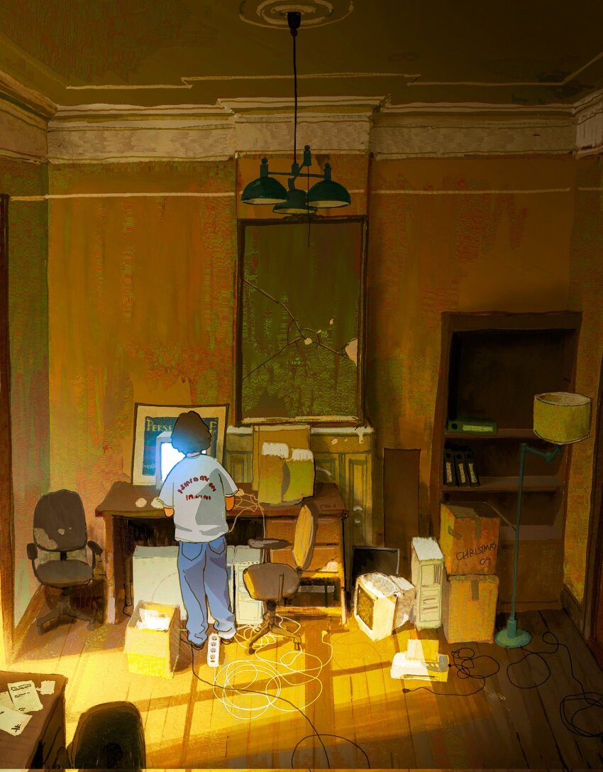 1other alariko box broken_glass cable cardboard_box chair computer cup denim desk electrical_connector file floor_lamp glass hanging_light highres indoors jeans lamp monitor mug office_chair original pants printer scenery shelf shirt standing swivel_chair wide_shot wooden_floor