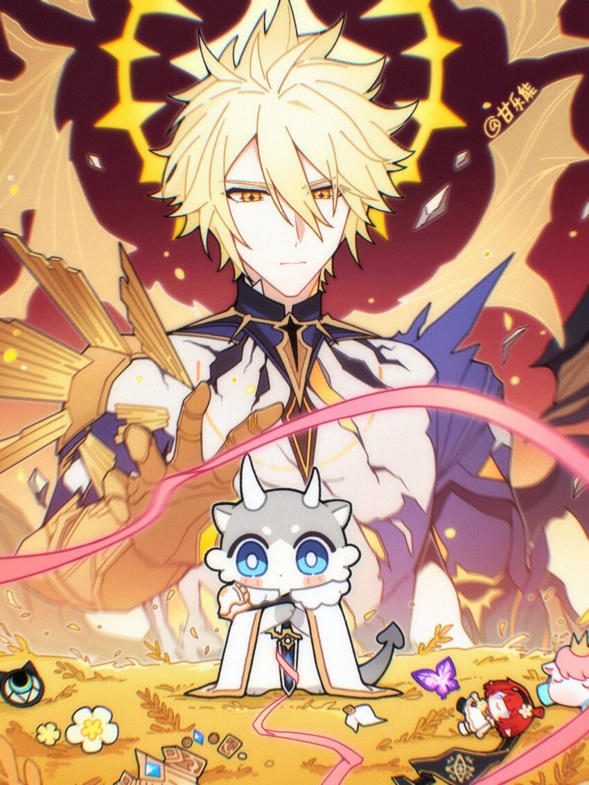 1boy alternate_form asymmetrical_wings black_shirt black_wings blonde_hair bug butterfly character_doll chimera_(honkai:_star_rail) coat commentary cracked_skin doll english_commentary flower ganleneng gold_necklace hair_between_eyes halo halo_behind_head highres holding holding_sword holding_weapon honkai:_star_rail honkai_(series) insect jewelry little_ica_(honkai:_star_rail) male_focus material_growth necklace phainon_(honkai:_star_rail) purple_butterfly shirt short_hair solo sword torn_clothes torn_shirt tribbie_(honkai:_star_rail) twitter_username weapon wheat_field white_coat wings yellow_blood yellow_eyes yellow_wings
