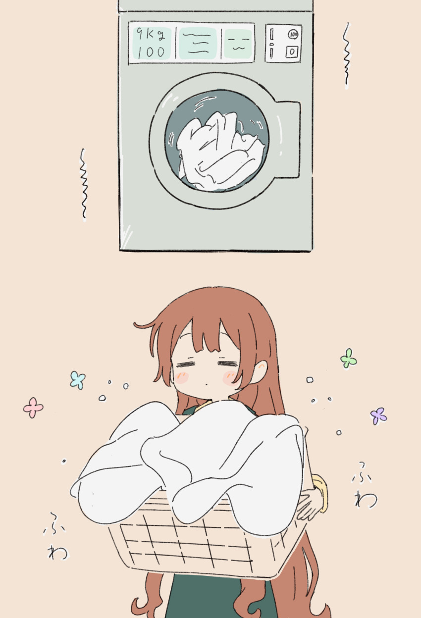 1girl =_= absurdres basket blush_stickers brown_hair bug butterfly closed_eyes closed_mouth commentary_request facing_viewer futon highres holding holding_basket insect laundromat laundry_basket long_hair oomuro-ke oomuro_hanako orange_background ra_ru_ni simple_background slice_of_life solo standing washing_machine yuruyuri