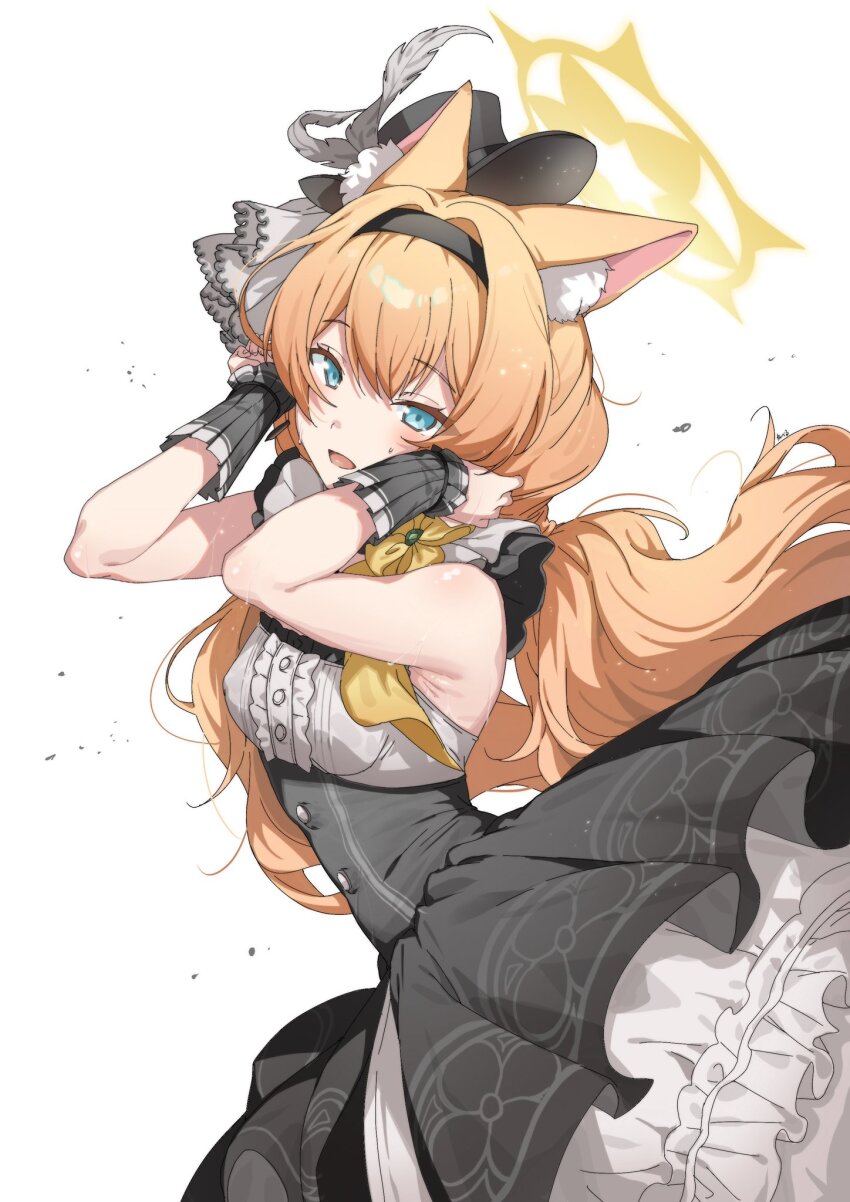 1girl animal_ear_fluff animal_ears armpits bare_shoulders black_hat blue_archive blue_eyes cat_ears commentary double-parted_bangs dress floating_hair frills grey_dress hairband halo hat highres holding holding_own_hair idol_clothes long_hair looking_at_viewer low_twintails mari_(blue_archive) mari_(idol)_(blue_archive) mini_hat mini_top_hat orange_hair ribbon solo sweat symbol-only_commentary top_hat twintails two-tone_dress white_background yellow_halo yellow_ribbon youguo_naberu