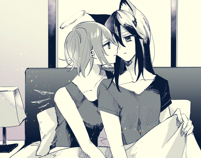 2girls animal_ears arknights bad_id bad_pixiv_id bare_arms bed collarbone commentary energy_wings expressionless exusiai_(arknights) eye_contact face-to-face greyscale halo highres lamp lens_flare long_hair looking_at_another matsuzaka_(matsuzakagyu_29) monochrome multiple_girls parted_lips pillow shirt short_hair short_sleeves smile spot_color t-shirt tank_top texas_(arknights) under_covers upper_body wolf_ears wolf_girl yuri
