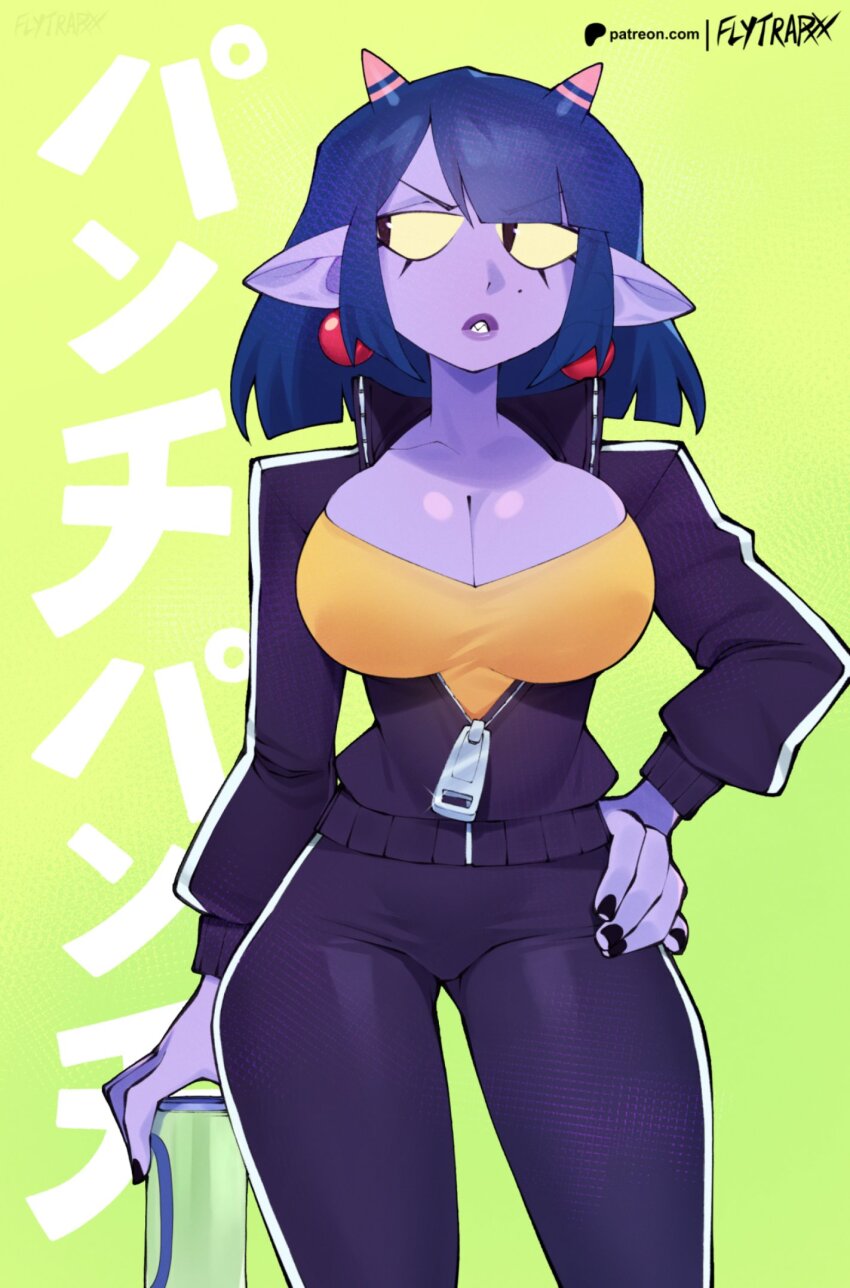 1girl asymmetrical_bangs black_nails blue_eyes blunt_bangs breasts can cleavage colored_sclera colored_skin commentary demon_girl demon_horns drink_can earrings english_commentary fingernails flytrapxx green_background highres horns jewelry large_breasts looking_to_the_side matsumoto_nono mole mole_under_eye pac-man_eyes partially_unzipped pink_horns pointy_ears punch_punch_forever! purple_lips purple_skin purple_track_suit short_hair soda_can solo sphere_earrings track_suit wide_hips yellow_sclera zipper_pull_tab