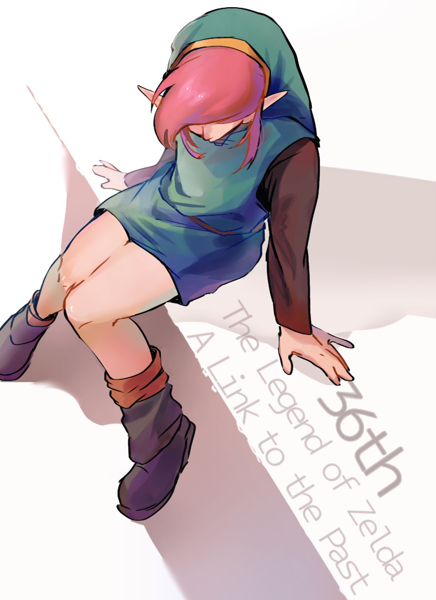 1boy anniversary arm_support boots brown_boots brown_sleeves commentary_request copyright_name from_above green_hat green_tunic hat highres link long_sleeves male_focus mia_ru1228 nintendo pink_hair pointy_ears sitting solo swept_bangs the_legend_of_zelda the_legend_of_zelda:_a_link_to_the_past tunic white_background