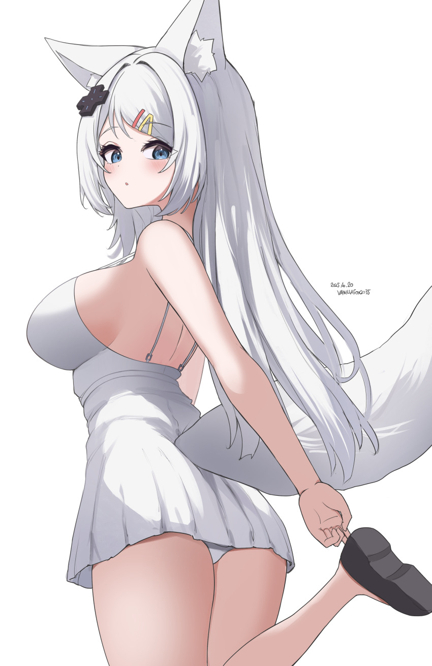 1girl absurdres adjusting_clothes adjusting_footwear adjusting_shoe animal_ear_fluff animal_ears artist_name back backless_dress backless_outfit black_shoes blue_eyes breasts cowboy_shot d-pad d-pad_hair_ornament dated dress fox_ears fox_girl fox_tail from_side hair_intakes hair_ornament hairpin highres large_breasts leg_up long_hair looking_back looking_to_the_side meridian_project microdress mizuki_(vtuber) multiple_hairpins panties pantyshot parted_lips pleated_dress shoes sideboob simple_background solo spaghetti_strap straight_hair tail thighs twisted_torso underwear vanillafox2035 virtual_youtuber white_background white_dress white_hair white_panties white_tail