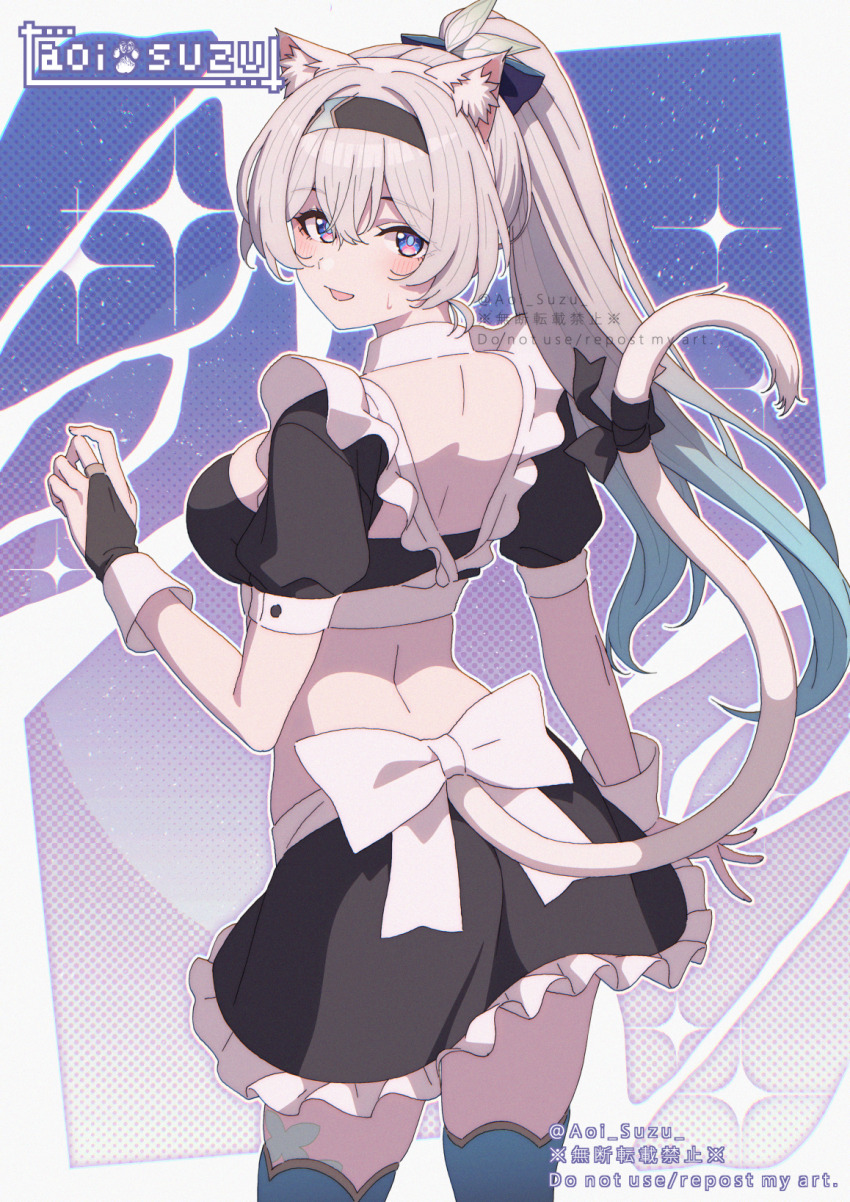 1girl :d alternate_costume alternate_hairstyle animal_ear_fluff aoi_suzu bare_back black_bridal_gauntlets black_hairband black_shirt black_skirt bow breasts bridal_gauntlets cat_tail cowboy_shot crop_top enmaided firefly_(honkai:_star_rail) grey_hair hairband highres honkai:_star_rail honkai_(series) kemonomimi_mode large_breasts long_hair looking_at_viewer maid midriff miniskirt navel open_mouth ponytail puffy_short_sleeves puffy_sleeves shirt short_sleeves single_bridal_gauntlet skirt skirt_set smile solo standing tail thighhighs very_long_hair white_bow