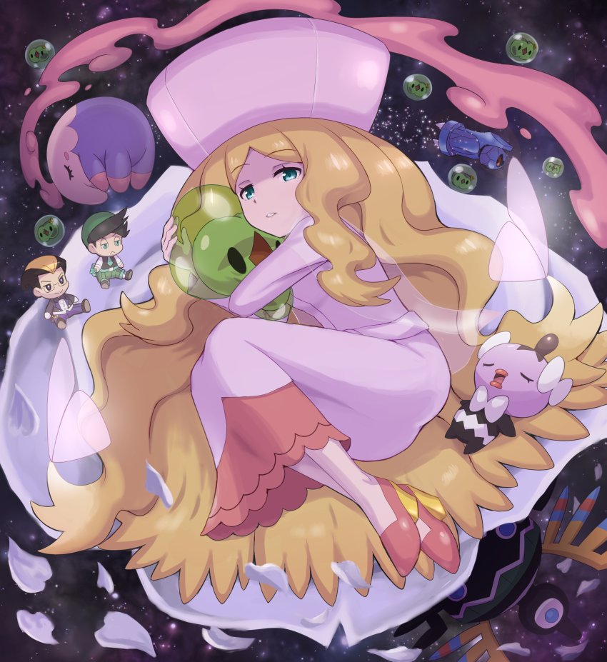 1girl 2boys absurdres aqua_eyes blonde_hair caitlin_(pokemon) commentary_request darach_(pokemon) dress duosion eyelashes gen_5_pokemon hat high_heels highres holding legs_together long_hair long_sleeves looking_at_viewer multiple_boys musharna nintendo parted_lips pink_dress pink_headwear pink_shoes pokemoa pokemon pokemon_(creature) pokemon_bw pokemon_dppt pokemon_platinum shoes sigilyph solosis star_(sky) thorton_(pokemon)