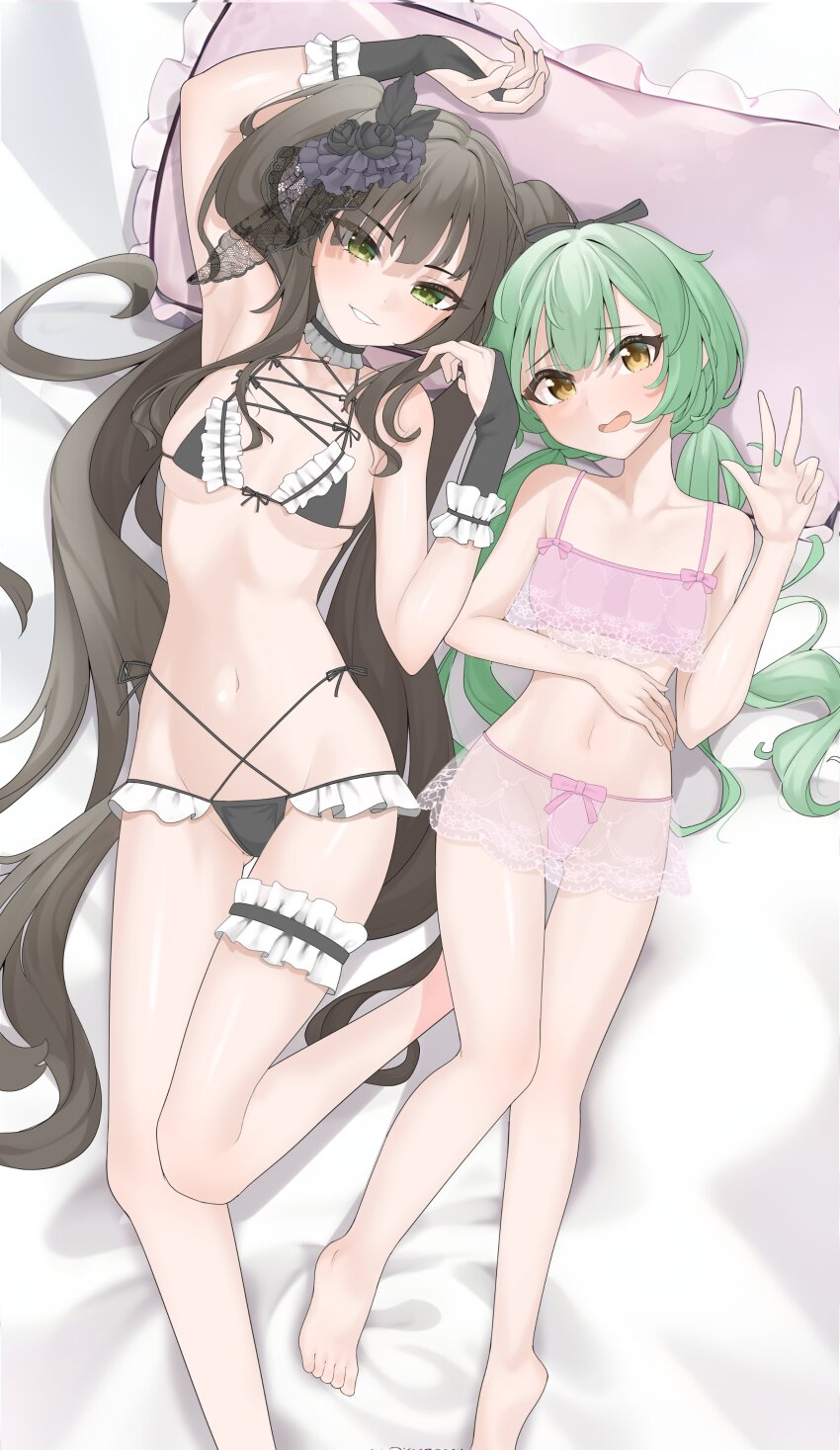2girls absurdres arm_up armpits assault_lily bare_arms bare_legs bare_shoulders barefoot bed_sheet bikini bikini_skirt black_bikini black_choker black_flower black_gloves black_ribbon black_rose bow bow_bikini breasts bridal_gauntlets brown_hair choker collar collarbone commentary_request cross-laced_bikini cross-laced_clothes flower foot_out_of_frame frilled_bikini frilled_collar frilled_pillow frilled_thigh_strap frills front-tie_bikini_top front-tie_top gloves gluteal_fold green_eyes green_hair grin groin hair_flower hair_ornament hair_ribbon halterneck hand_on_own_stomach hand_up highres kamigoori_marimo long_hair looking_at_viewer lying medium_breasts multi-strapped_bikini multi-strapped_bikini_bottom multiple_girls navel on_back open_mouth parted_lips pillow pink_bikini pink_bow raised_eyebrows ribbon rose saetusum see-through_clothes side-by-side side-tie_bikini_bottom small_breasts smile stomach string_bikini swimsuit thigh_strap twintails ueda_imari very_long_hair w wavy_mouth white_collar yellow_eyes