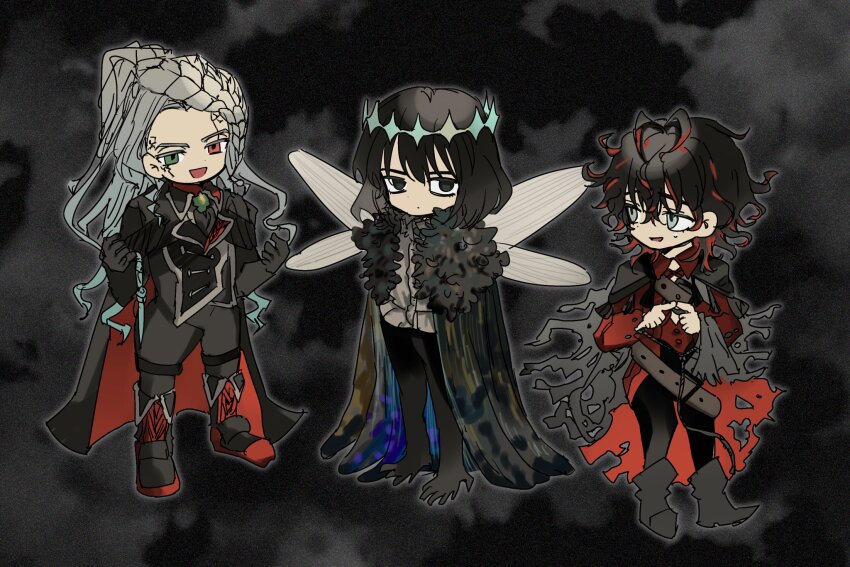 3boys alessandro_di_cagliostro_(fate) arthropod_boy black_background black_hair braid cape chest_belt cloak colored_inner_hair cracked_skin crown curly_hair dante_alighieri_(fate) dante_alighieri_(second_ascension)_(fate) deformed diamond_hairband fate/grand_order fate_(series) full_body fur-trimmed_cape fur_trim green_eyes grey_background grey_cloak grey_eyes grey_hair hanana_(ymbk_sb) heterochromia highres index_fingers_together insect_wings jacket long_hair long_sleeves looking_at_another looking_at_viewer male_focus medium_hair multicolored_hair multiple_boys oberon_(fate) oberon_(third_ascension)_(fate) open_mouth pants ponytail red_eyes red_hair shirt simple_background smile standing sweatdrop torn_cloak torn_clothes torn_coat two-tone_hair white_shirt wings
