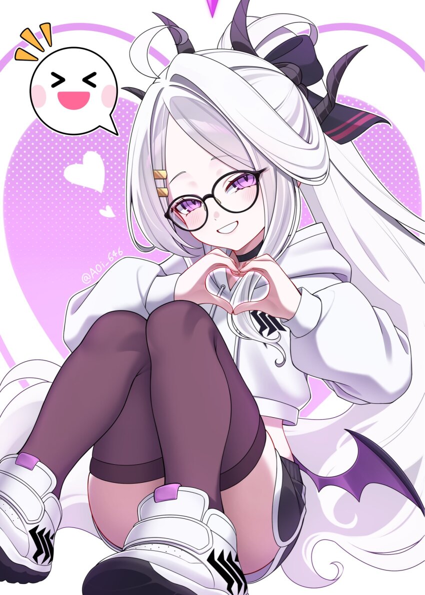 ahoge aoi_ryo black_halo black_thighhighs blue_archive demon_girl demon_horns demon_wings gehenna_academy_logo glasses halo heart heart_hands highres hina_(blue_archive) horns long_hair low_wings purple_eyes shoes sitting sneakers thighhighs thighs very_long_hair white_hair wings