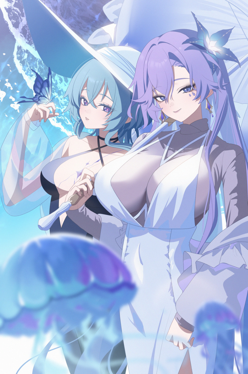 2girls black_dress blue_butterfly blue_flower blue_hair blurry blurry_foreground breasts bug butterfly butterfly_on_hand cantarella_(wuthering_waves) closed_mouth collarbone commentary_request dress earrings facial_mark flower hair_between_eyes hair_flower hair_ornament hand_up hat highres insect jellyfish jewelry kaerunrun large_breasts long_hair looking_at_viewer mark_under_eye mole mole_under_eye multiple_girls official_alternate_costume parted_lips purple_eyes purple_hair red_pupils shorekeeper_(wuthering_waves) smile white_dress white_hat wuthering_waves