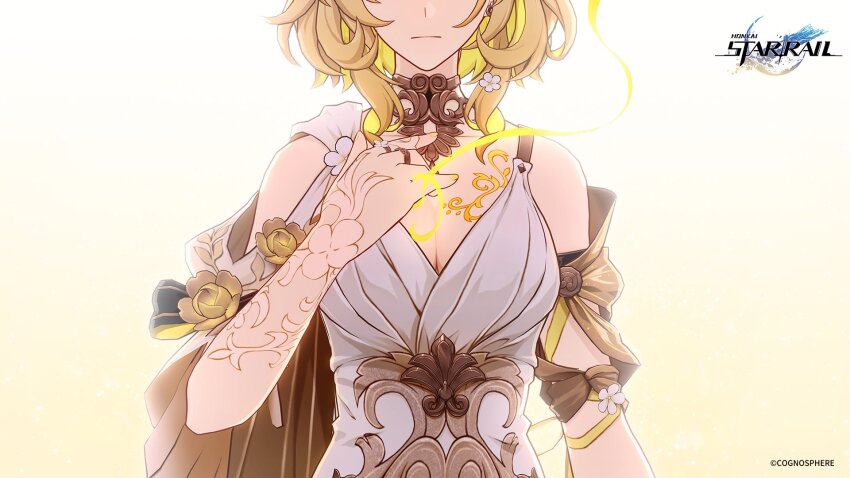 1girl aglaea_(honkai:_star_rail) ancient_greek_clothes blonde_hair breast_tattoo breasts cleavage closed_mouth copyright_name copyright_notice dress flower greco-roman_clothes hair_flower hair_ornament highres honkai:_star_rail honkai_(series) large_breasts official_art string string_of_fate tattoo white_dress white_flower