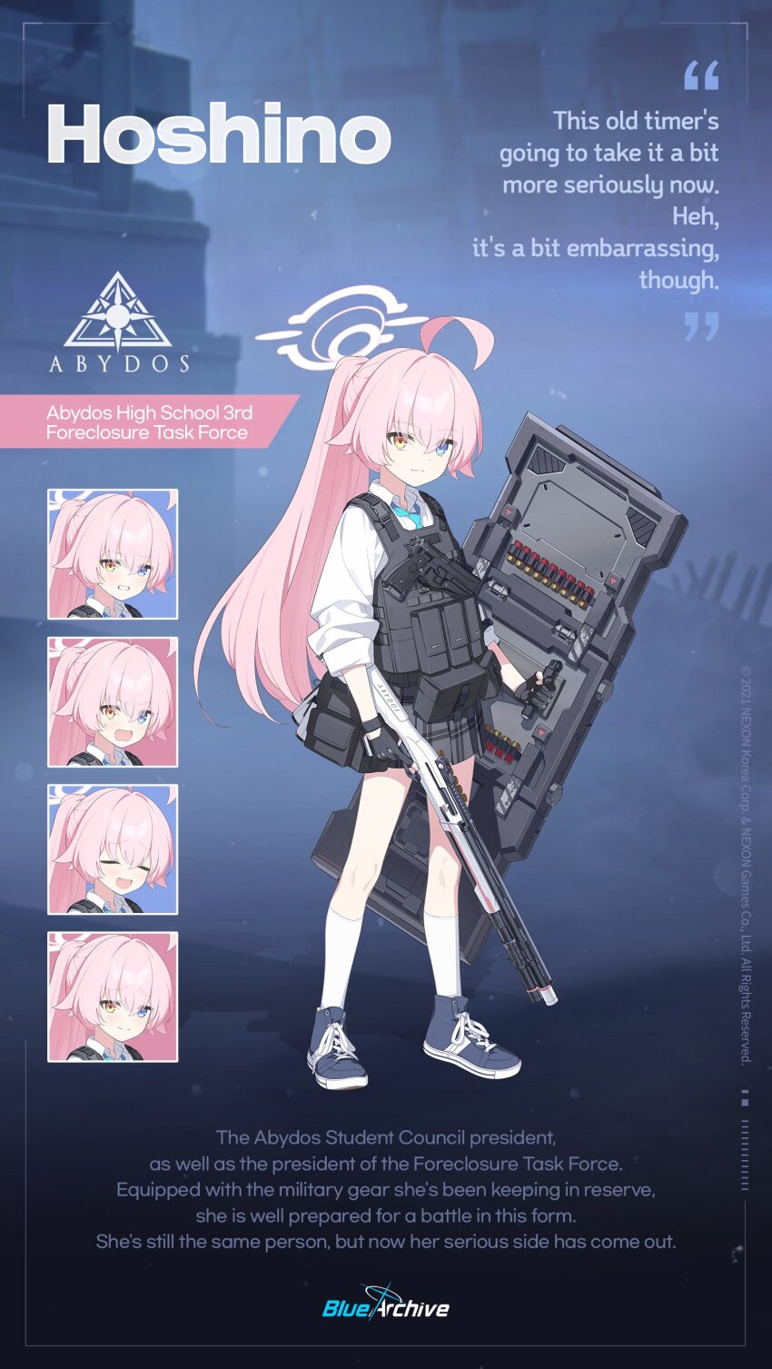 &gt;_&lt; 1girl 9ml absurdres ahoge ballistic_shield beretta_1301 beretta_92 black_footwear black_gloves blue_archive blue_eyes blush bulletproof_vest character_name closed_eyes closed_mouth collared_shirt commentary dual_wielding english_commentary english_text fang fingerless_gloves gloves gun hair_between_eyes handgun heterochromia highres holding holding_gun holding_weapon holster holstered hoshino_(armed)_(blue_archive) hoshino_(blue_archive) kneehighs logo long_hair multiple_expressions official_art open_mouth orange_eyes pink_hair plaid_clothes plaid_skirt pleated_skirt ponytail shield shirt shoes shotgun shotgun_shell skirt socks standing sweat very_long_hair vest weapon white_shirt white_socks