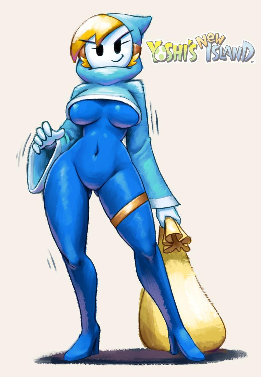 1girl absurdres bandit_(mario) bandit_(yoshi&#039;s_new_island) blonde_hair blue_hoodie blue_skin bottomless breasts colored_skin covered_erect_nipples full_body gender_request genderswap gloves gluteal_fold groin high_heels highres hood hoodie long_sleeves mario_(series) mask minuspal motion_lines mouth_mask navel nintendo no_panties no_pussy sack shadow simple_background smile standing thigh_strap underboob white_background white_gloves white_mask yoshi&#039;s_new_island
