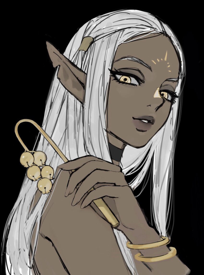 1girl black_background bracelet choker cithis dark-skinned_female dark_skin dungeon_meshi elf facial_tattoo flower from_side frs2 half-closed_eyes highres jewelry lily_of_the_valley lips long_hair looking_at_viewer parted_lips pointy_ears smile solo tattoo wand white_hair yellow_eyes