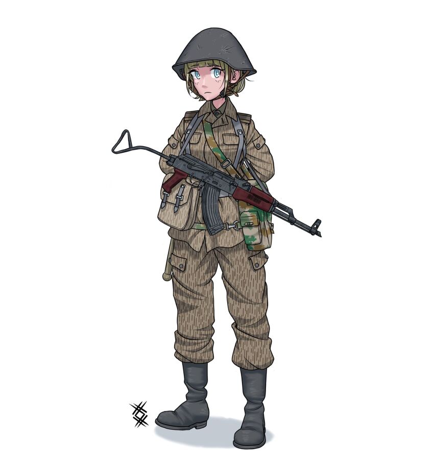 1girl akm aqua_eyes arms_behind_back artist_logo assault_rifle bag black_boots blunt_bangs boots brown_bag brown_shirt camouflage camouflage_bag camouflage_jacket camouflage_pants chin_strap collared_jacket combat_boots combat_helmet east_germany entrenching_tool epaulettes folding_stock full_body grey_headwear grey_helmet gun gun_sling helmet highres jacket kalashnikov_rifle light_brown_hair logo long_sleeves looking_at_viewer military military_fatigues military_uniform mpi-kms nationale_volksarmee nva_uniform original ostwindprojekt pants pants_tucked_in pocket rifle satchel shadow shirt short_hair signature simple_background soldier solo stahlhelm standing strichtarn tachi-e third-party_source weapon white_background