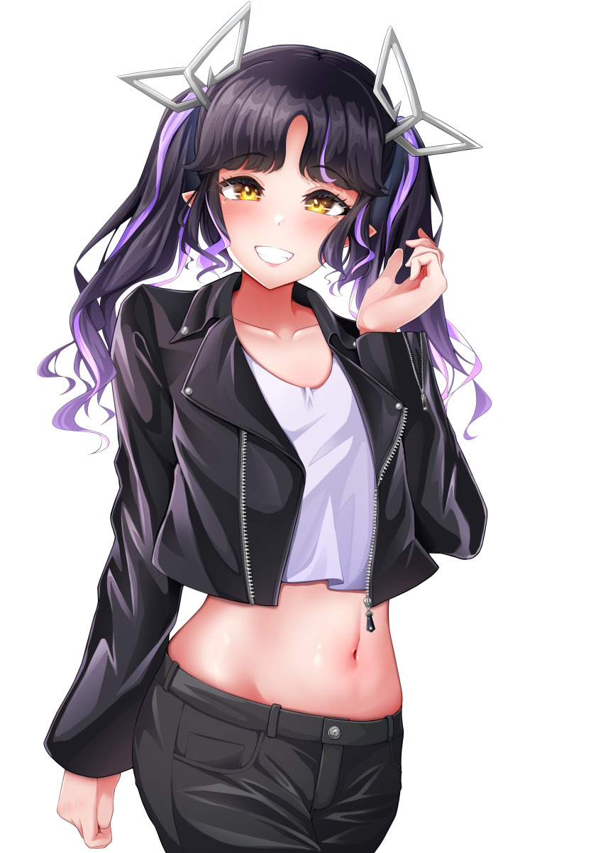 1girl absurdres alternate_costume black_hair black_jacket black_pants blush commentary_request cowboy_shot crop_top cropped_jacket demon_girl demon_horns grey_horns grey_shirt grin hand_up highres horns jacket kojo_anna long_hair looking_at_viewer midriff multicolored_hair nanashi_inc. navel open_clothes open_jacket pants parted_lips pointy_ears purple_hair robou_no_stone shirt simple_background smile solo transparent_background twintails two-tone_hair virtual_youtuber wavy_hair yellow_eyes zipper